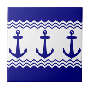 Azulejo Blue White Nautical Anchor Coastal Stripes