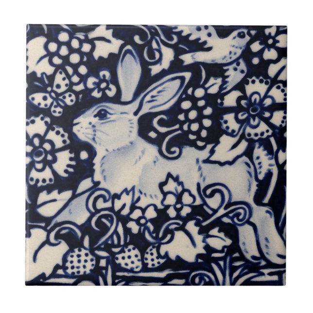Azulejo Blue White Rabbit Flird Chinoiserie Berry (Frente)