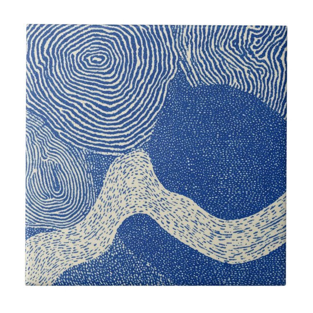 Azulejo Blue White Woodcut Wave Abstract Pattern (Frente)