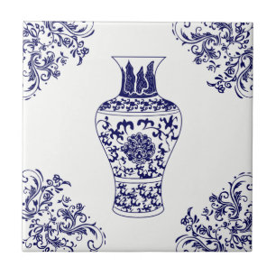 Azulejo Blue Willow Chinoiserie Jar de jengibre blanco y a