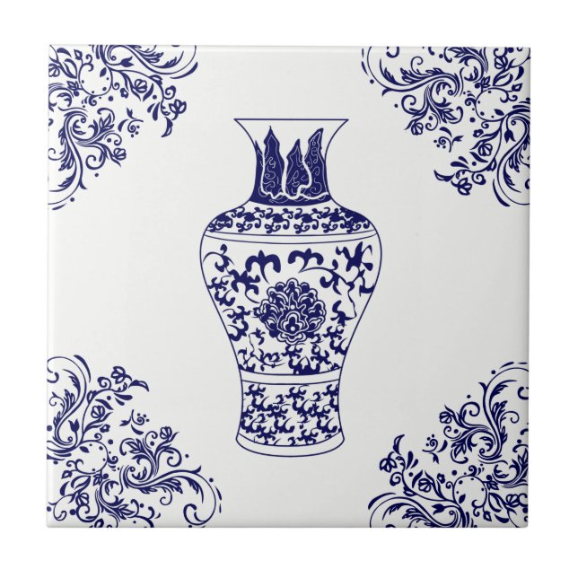 Azulejo Blue Willow Chinoiserie Jar de jengibre blanco y a (Frente)