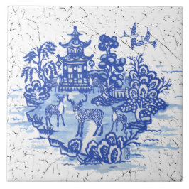 Azulejo Blue Willow Deer Herd Antique Pagoda Phoenix