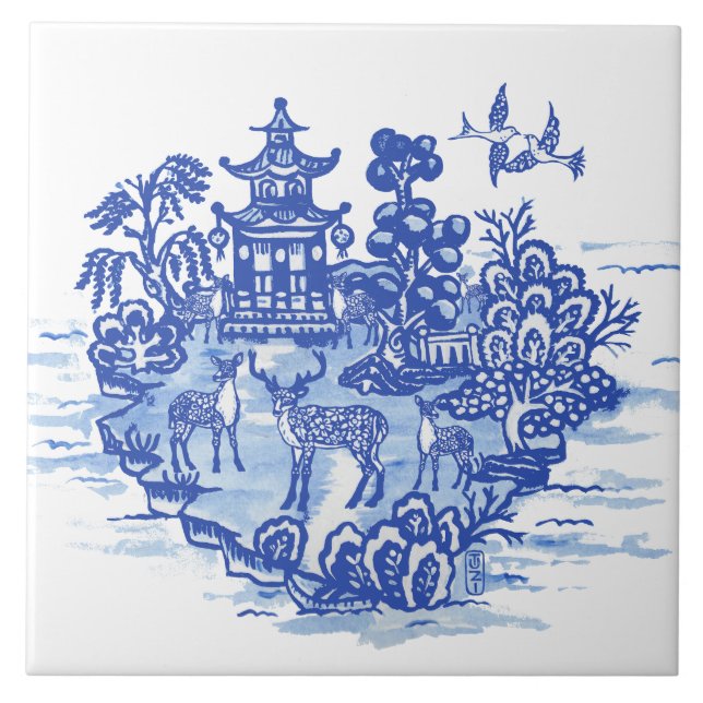 Azulejo Blue Willow Deer Herd Antique Pagoda Phoenix (Frente)
