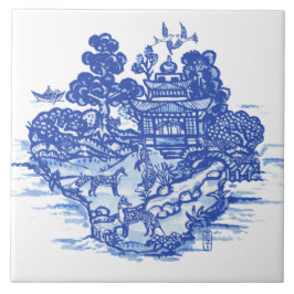 Azulejo Blue Willow Fox Foxes Floral Antiguo Pagoda Bird