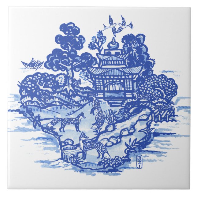 Azulejo Blue Willow Fox Foxes Floral Antiguo Pagoda Bird (Frente)