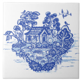 Azulejo Blue Willow Lucky Cat Koi Pond Antiguo Fantasía