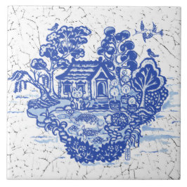 Azulejo Blue Willow Lucky Cat Koi Pond Antiguo Fantasía