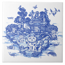 Azulejo Blue Willow Lucky Cat Whimsical Chinoiserie Art