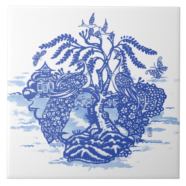Azulejo Blue Willow Peacock Island Asia Temple Garden Art (Frente)
