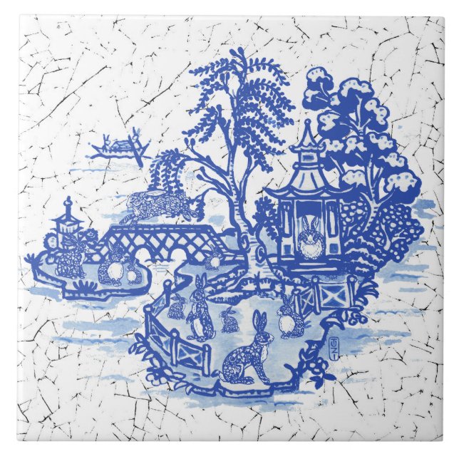 Azulejo Blue Willow Rabbit Island Antiguo Fantasía Art (Frente)