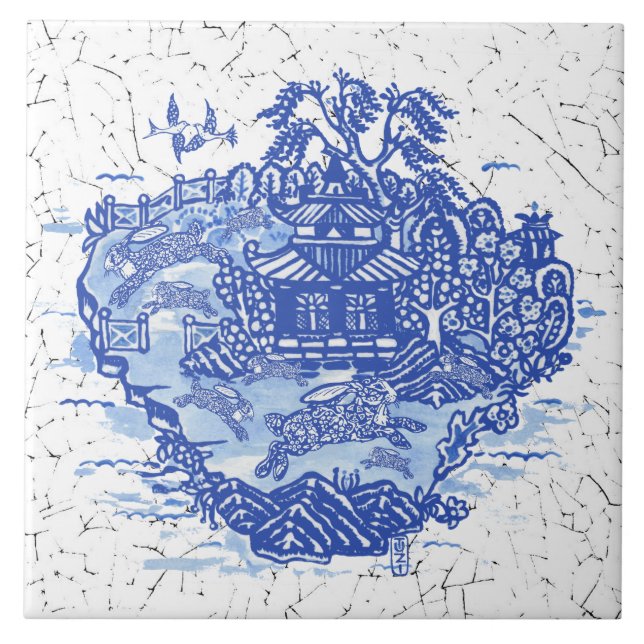 Azulejo Blue Willow Rabbit Isle Willow Antiguo Fantasy Art (Frente)