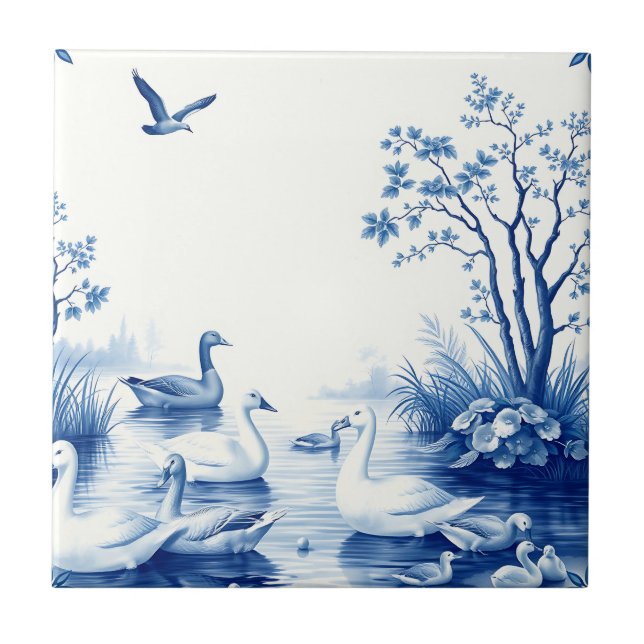 Azulejo Blue Willow Swans Lake Scene (Frente)
