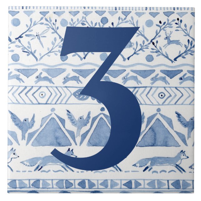 Azulejo Blue Woodland Animal Ikat House Dirección número 3 (Frente)
