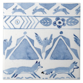 Azulejo Blue Woodland Animal Ikat Pattern Fox Versión 2