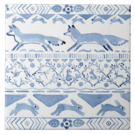 Azulejo Blue Woodland Animal Ikat Pattern Fox Versión 3