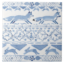 Azulejo Blue Woodland Animal Ikat Pattern Fox Versión 3