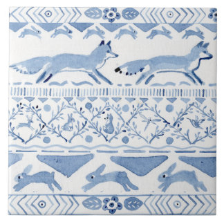 Azulejo Blue Woodland Animal Ikat Pattern Fox Versión 3