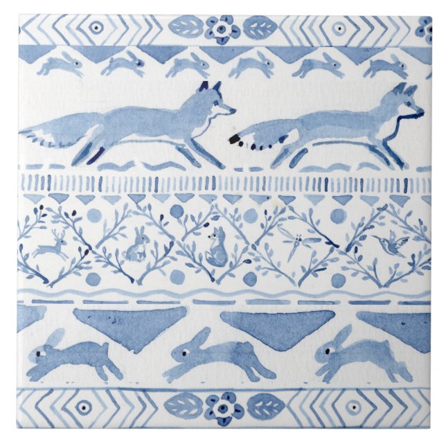 Azulejo Blue Woodland Animal Ikat Pattern Fox Versión 3 (Frente)