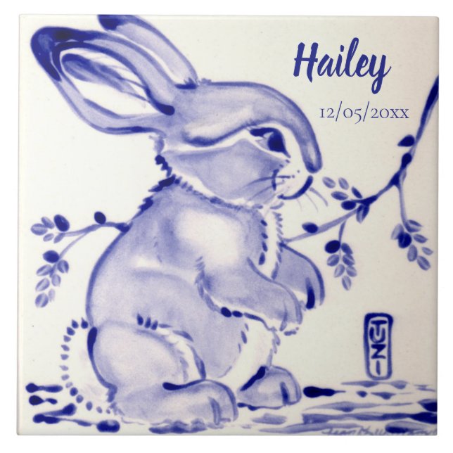 Azulejo Blue y White Baby Bunny Tile Personalizado (Frente)