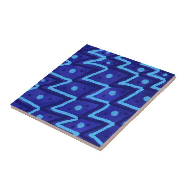 Azulejo Blue Zig Zags Dots Funky Pattern  (Lado)