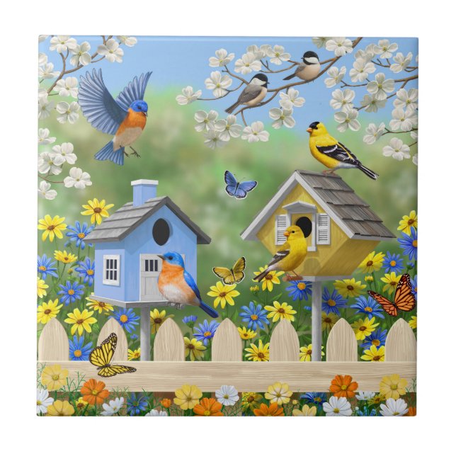Azulejo Bluebirds Goldfinches Birdhouses Flower Garden (Frente)