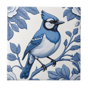 Azulejo BlueJay Bird Delft Blue & White Asian Floral Jay