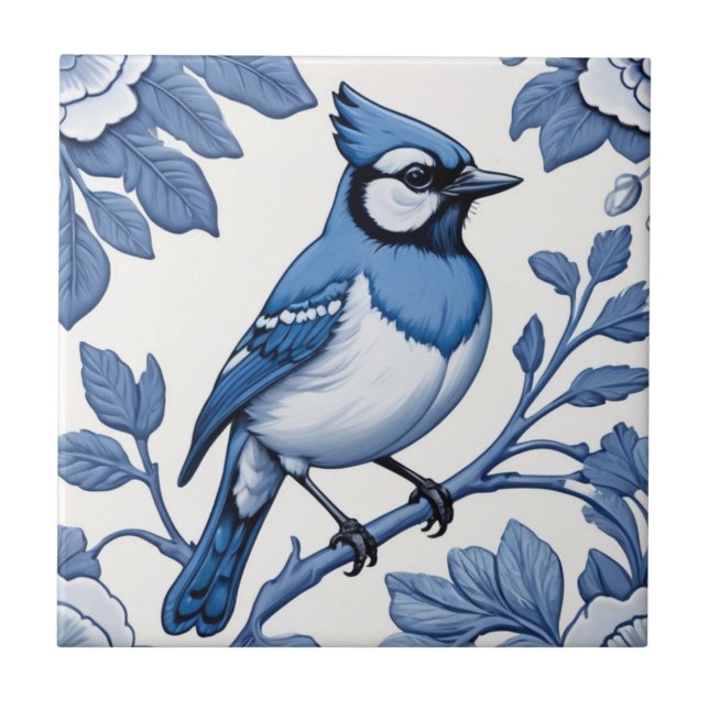 Azulejo BlueJay Bird Delft Blue & White Asian Floral Jay (Frente)
