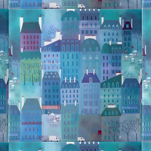 Azulejo Blues de París (Paris cityscape art blue green purple ceramic tile)