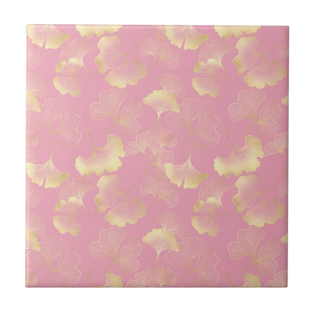 Azulejo Blush Ginkgo Luxe – Botánico Dorado sobre Rosa (Frente)