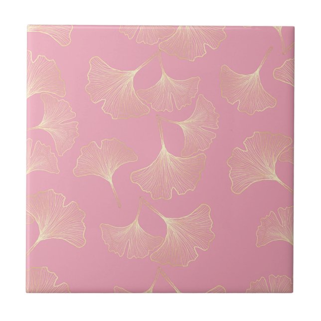 Azulejo Blush Ginkgo Luxe – Botánico Dorado sobre Rosa (4) (Frente)