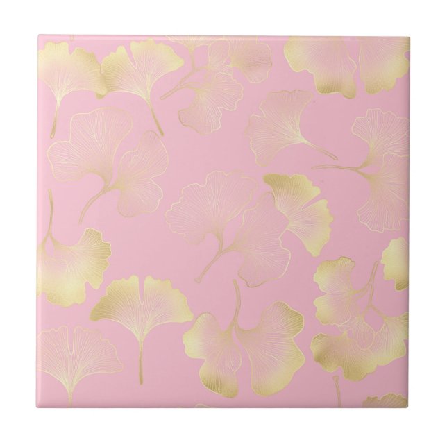 Azulejo Blush Ginkgo Luxe – Botánico Dorado sobre Rosa (5) (Frente)