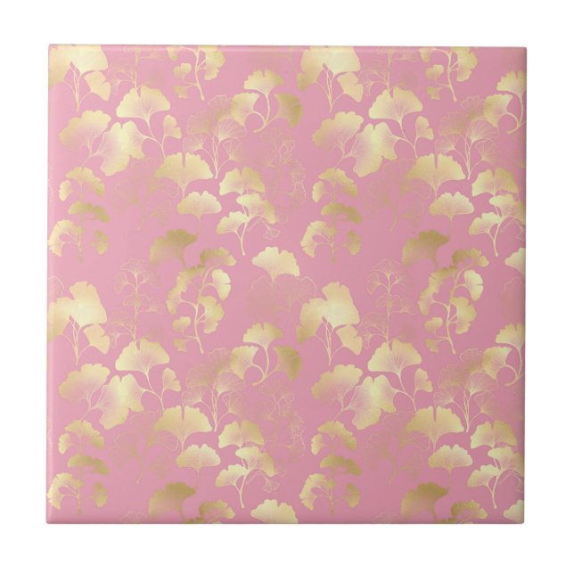 Azulejo Blush Ginkgo Luxe – Botánico Dorado sobre Rosa (7) (Frente)
