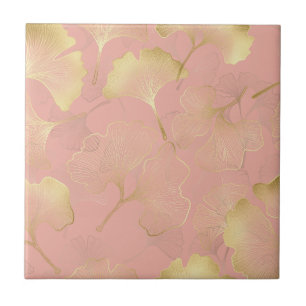 Azulejo Blush Rosa Oro Hojas de Ginkgo Elegante Botánico 3