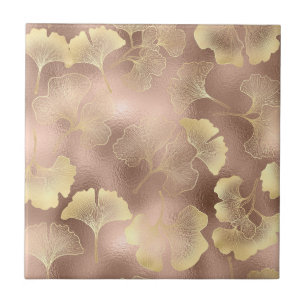 Azulejo Blush Rosa Oro Hojas de Ginkgo Elegante Botánico 6