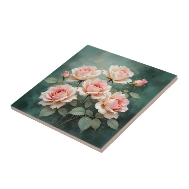 Azulejo Blush Rose Elegance on Deep Jade (Lado)