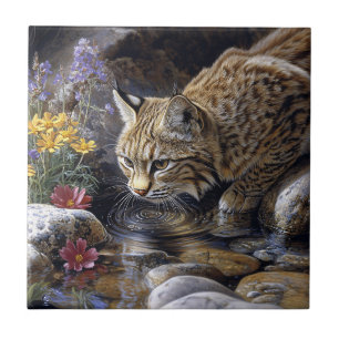 Azulejo Bobcat con flores silvestres Arte escénico