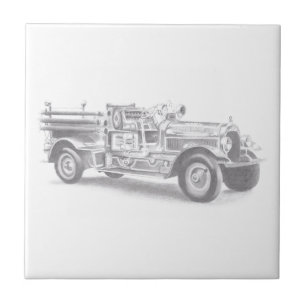 Azulejo boceto de lápiz de camión de bomberos antiguo dibu