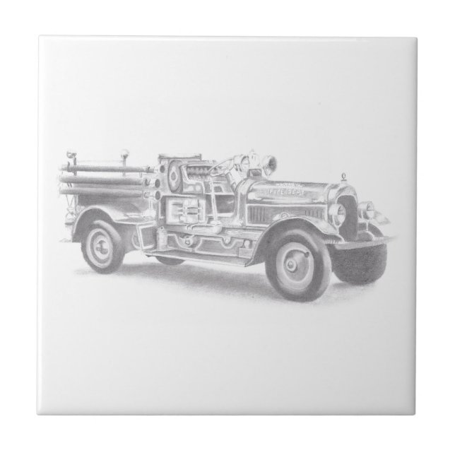 Azulejo boceto de lápiz de camión de bomberos antiguo dibu (Frente)