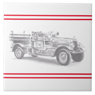 Azulejo boceto de lápiz de camión de bomberos antiguo dibu