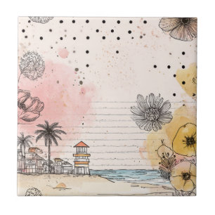 Azulejo Boceto de playa con amapolas amarillas y palmeras