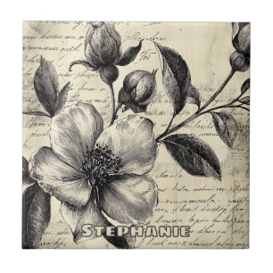 Azulejo Boceto floral sepia del viejo mundo en pergamino