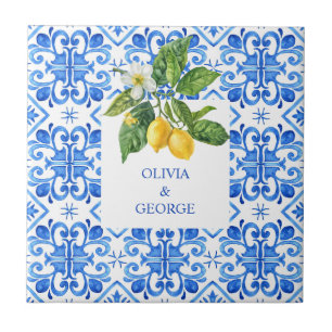 Azulejo Boda azul de limones mediterráneos personalizados