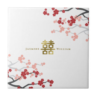 Azulejo Boda chino de doble felicidad de oro Sakura roja