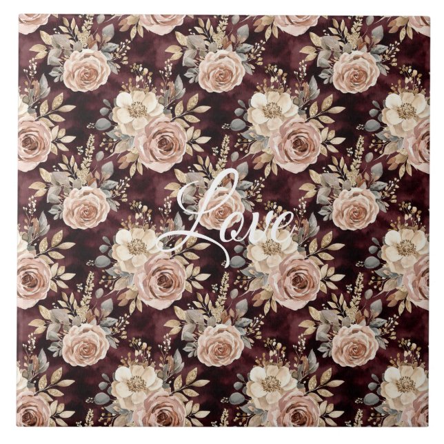 Azulejo Boda floral con rubor rojo borgoña (Frente)