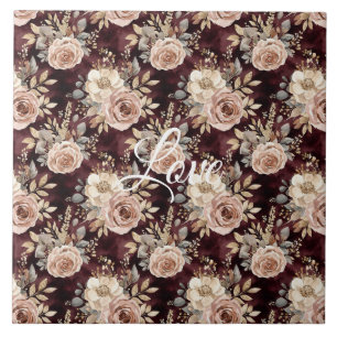 Azulejo Boda floral con rubor rojo burdeos