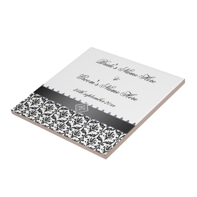 Azulejo Boda Memento Tile Elegante Damasco Blanco y Negro (Lado)