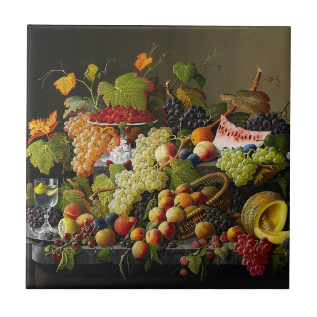 Azulejo Bodegón de frutas abundantes de Severin Roesen (Frente)