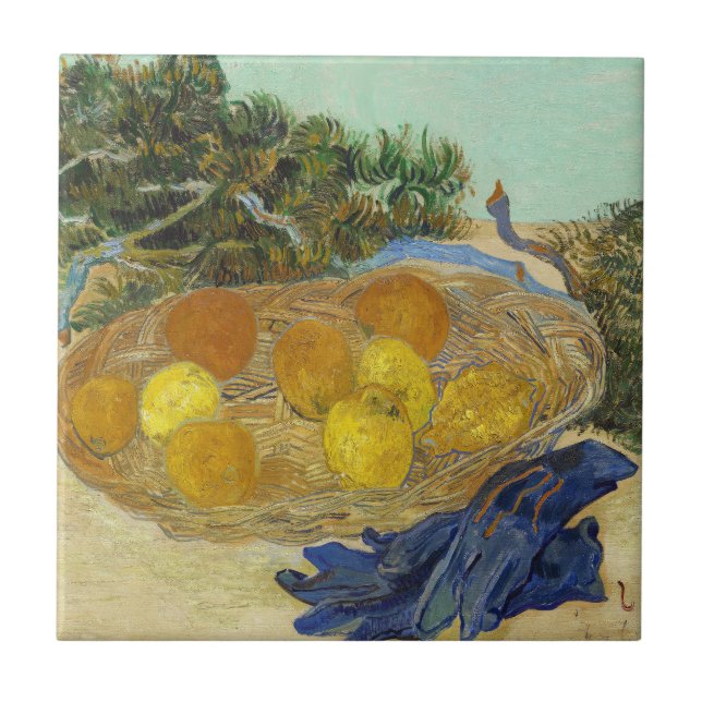 Azulejo Bodegón de naranjas limones guantes azules de Van  (Frente)