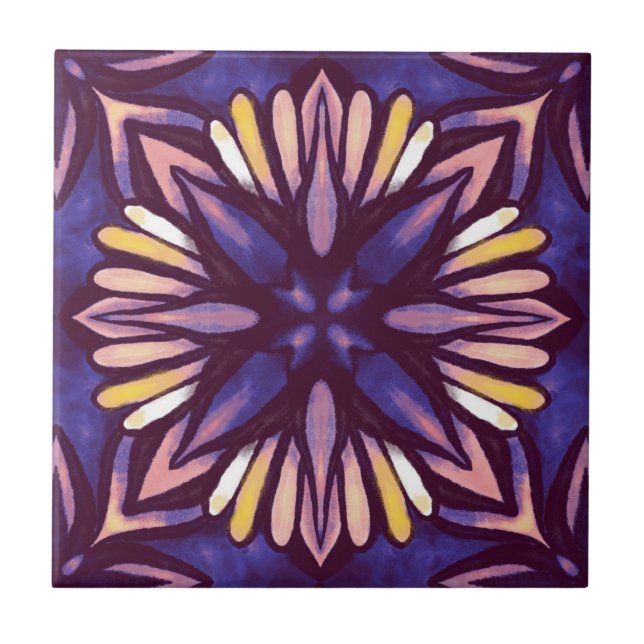 Azulejo Boho Blossom: Patrón Floral Artístico Púrpura (Frente)