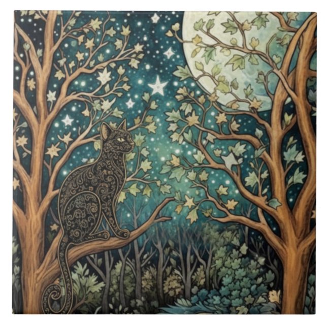 Azulejo Boho cat starry night sky woodland forest (Frente)
